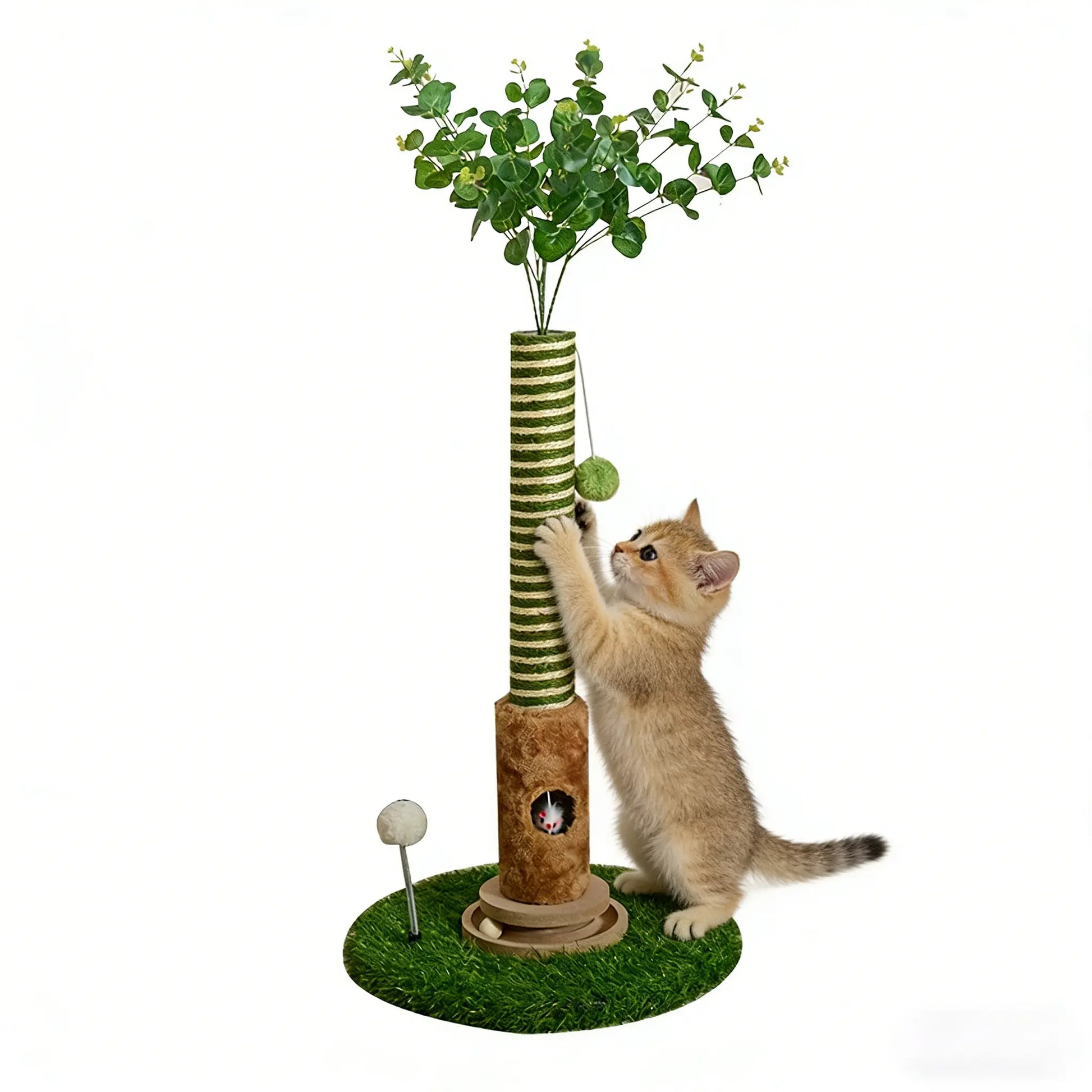 39" Green Cat Tree with Hanging Ball & Mouse – Durable Scratching Post for Small Cats Easy Installation Spacesaving Cattree Interactive Toy#Summervibes#Petlovers
