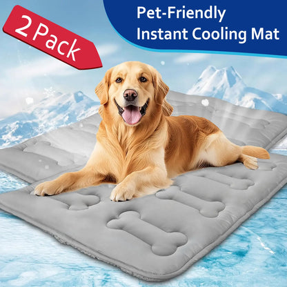 2Pcs Thicker Cooling Mat for Dogs or Cats, Cute Bone Quiled Durable Non-Slip Long-Lasting Instant Cool Summer Pet Cooling Pad, No Geal No Electric Portable Lightweight Washable Indoor Outdoor Cold Kennel Crate Bed for Large Dogs, Grey #Summervibes