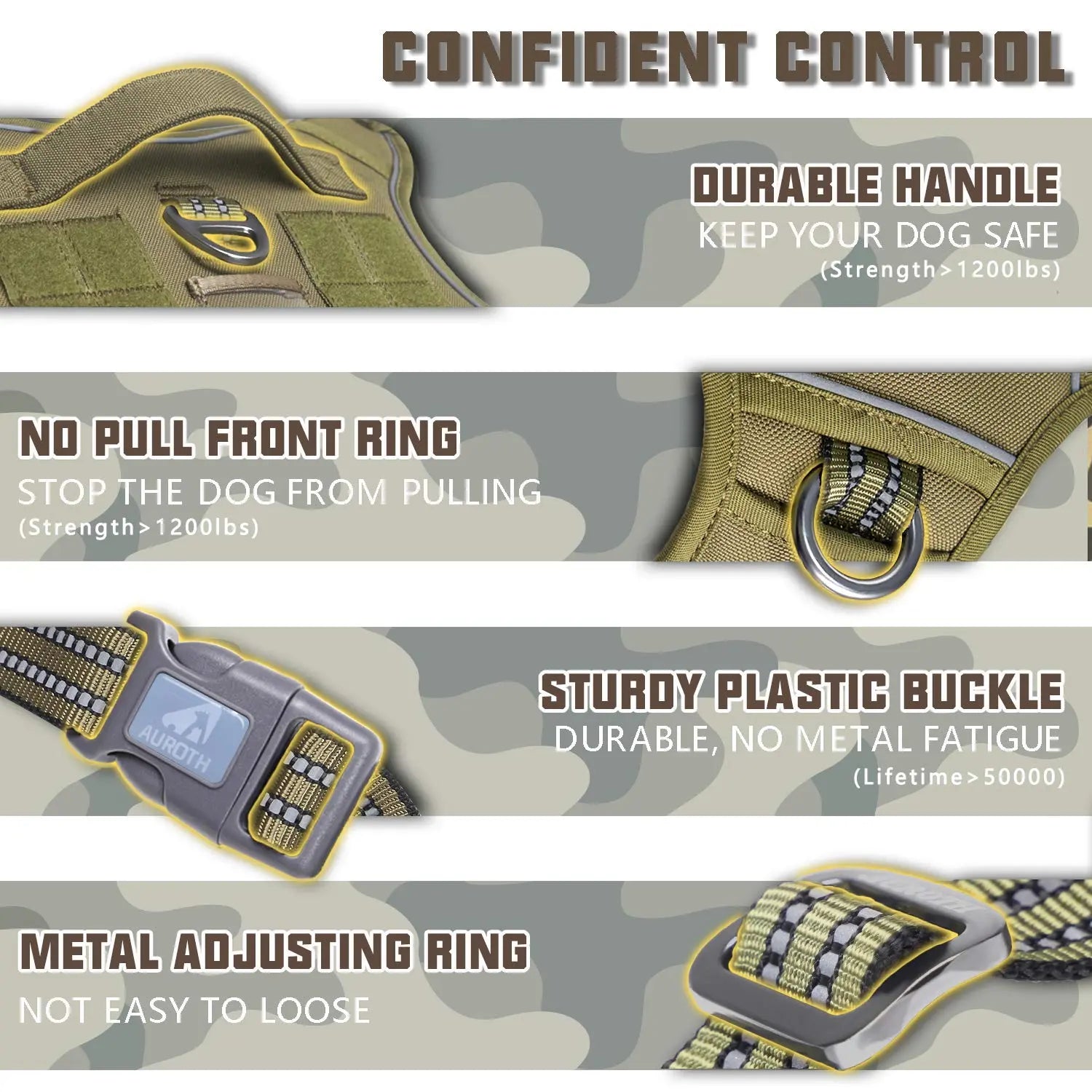 Auroth Tactical Dog Harness and 6 FT Tan Heavy-Duty Leash for Small to Large Breeds, No-Pull Reflective Training Vest in Camo