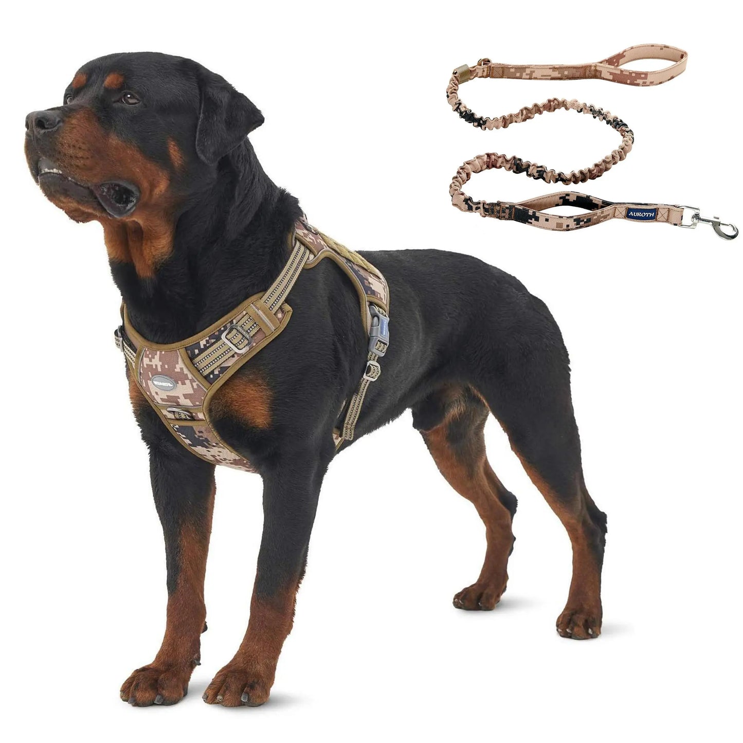 Auroth Tactical Dog Harness and 6 FT Tan Heavy-Duty Leash for Small to Large Breeds, No-Pull Reflective Training Vest in Camo