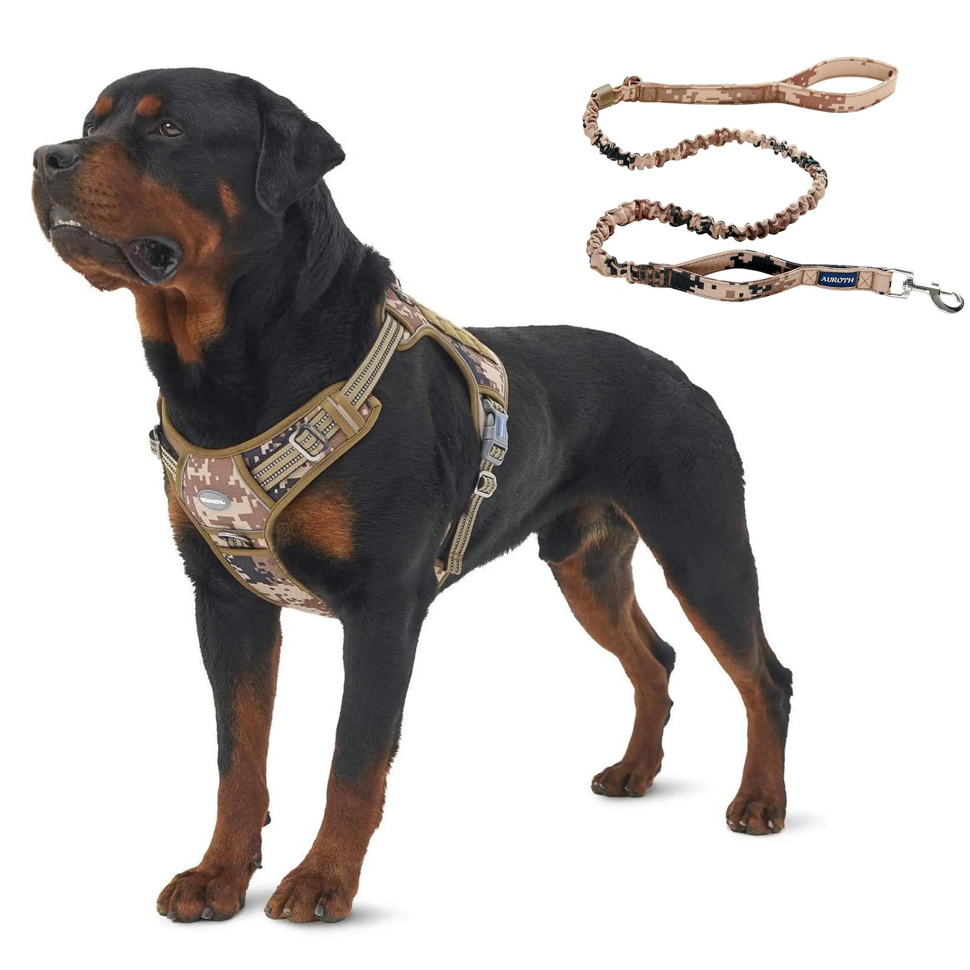 Auroth Tactical Dog Harness and 6 FT Tan Heavy-Duty Leash for Small to Large Breeds, No-Pull Reflective Training Vest in Camo