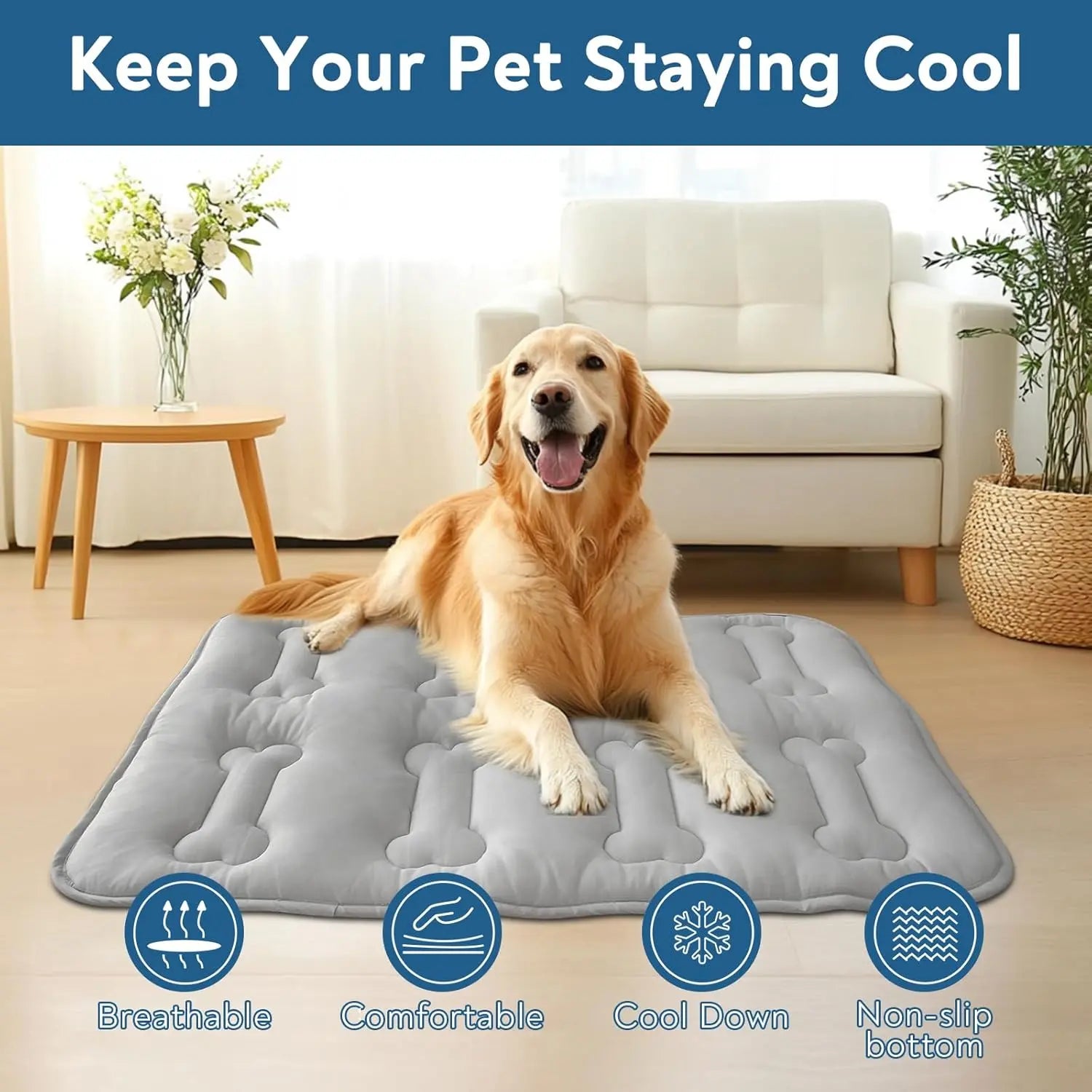 2Pcs Thicker Cooling Mat for Dogs or Cats, Cute Bone Quiled Durable Non-Slip Long-Lasting Instant Cool Summer Pet Cooling Pad, No Geal No Electric Portable Lightweight Washable Indoor Outdoor Cold Kennel Crate Bed for Large Dogs, Grey #Summervibes