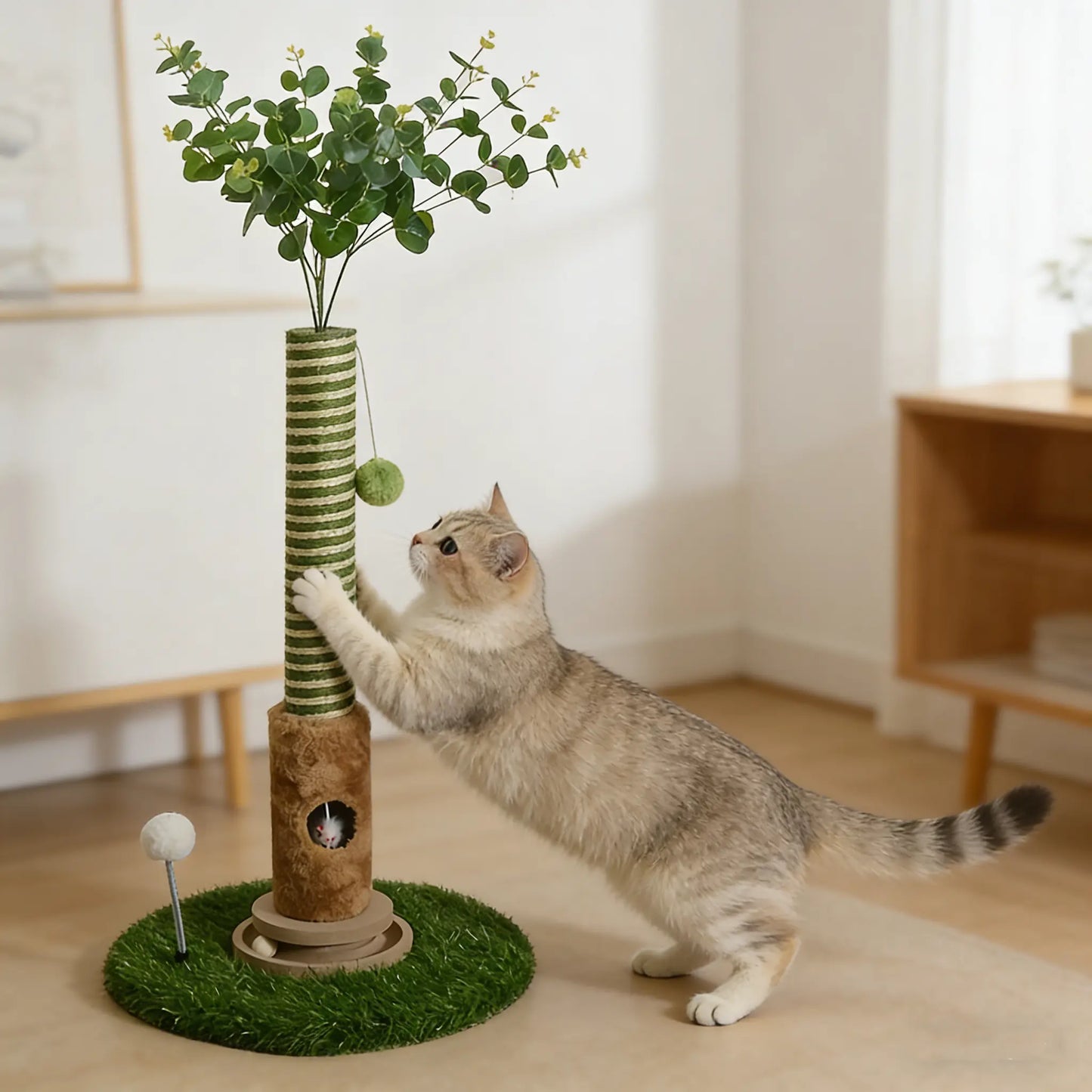 39" Green Cat Tree with Hanging Ball & Mouse – Durable Scratching Post for Small Cats Easy Installation Spacesaving Cattree Interactive Toy#Summervibes#Petlovers
