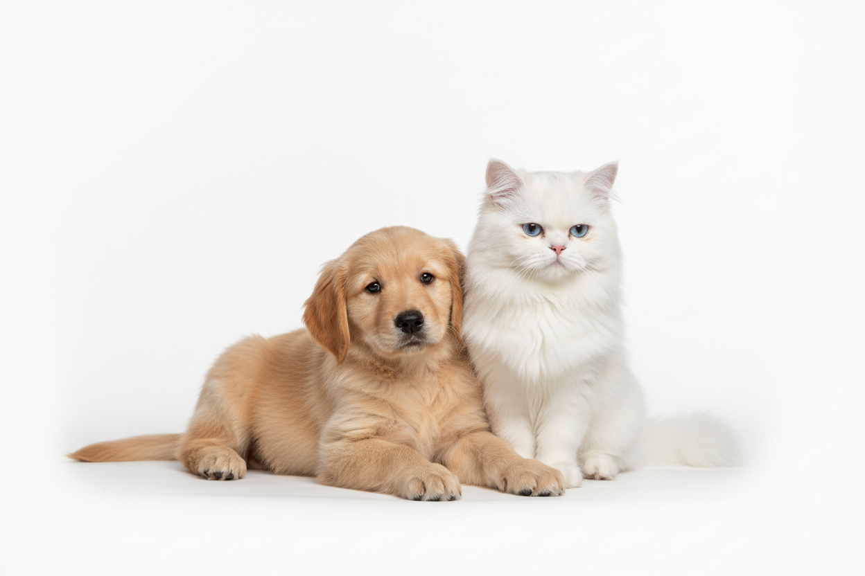 Dog and cat together on white background