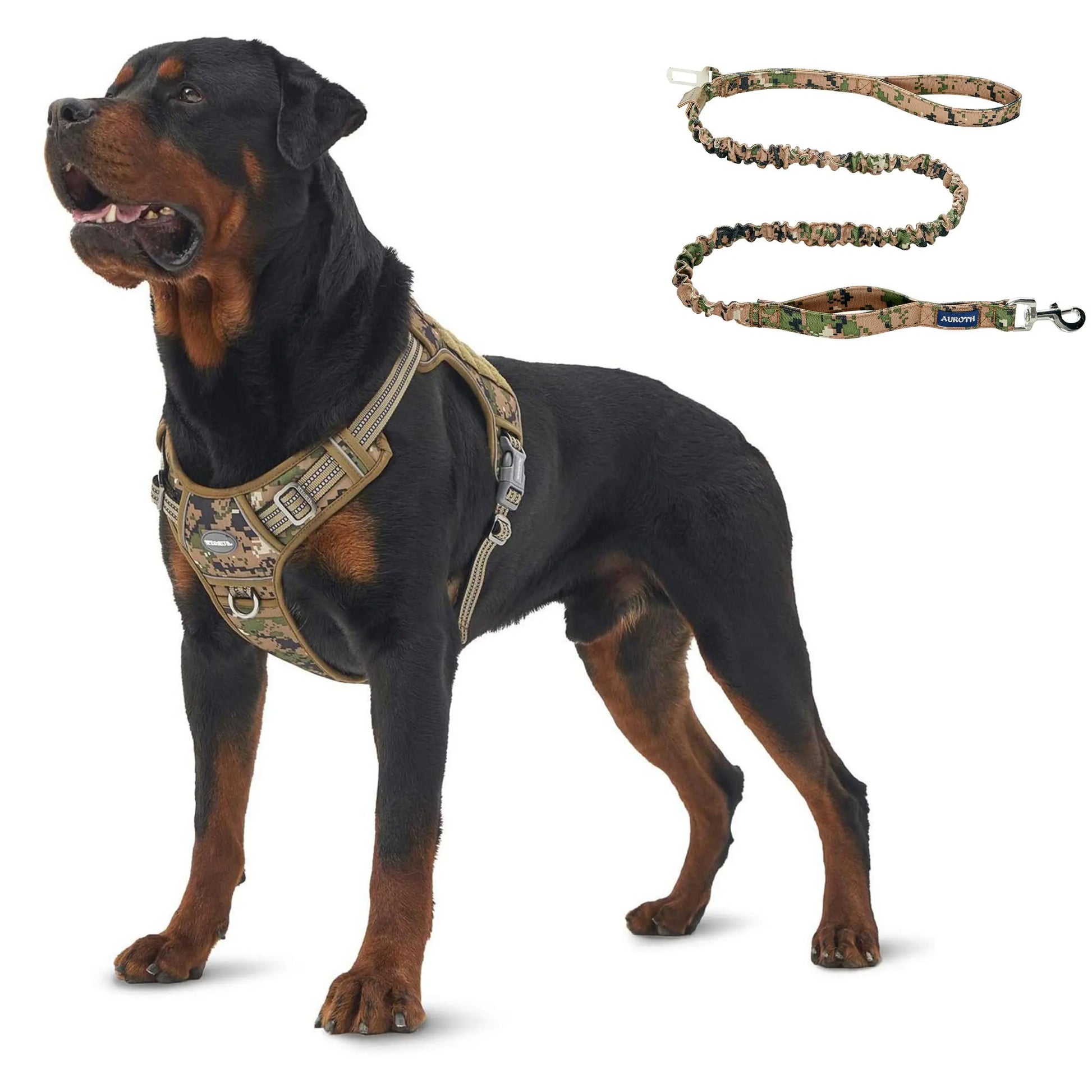 Auroth Tactical Dog Harness and 6 FT Tan Heavy-Duty Leash for Small to Large Breeds, No-Pull Reflective Training Vest in Camo